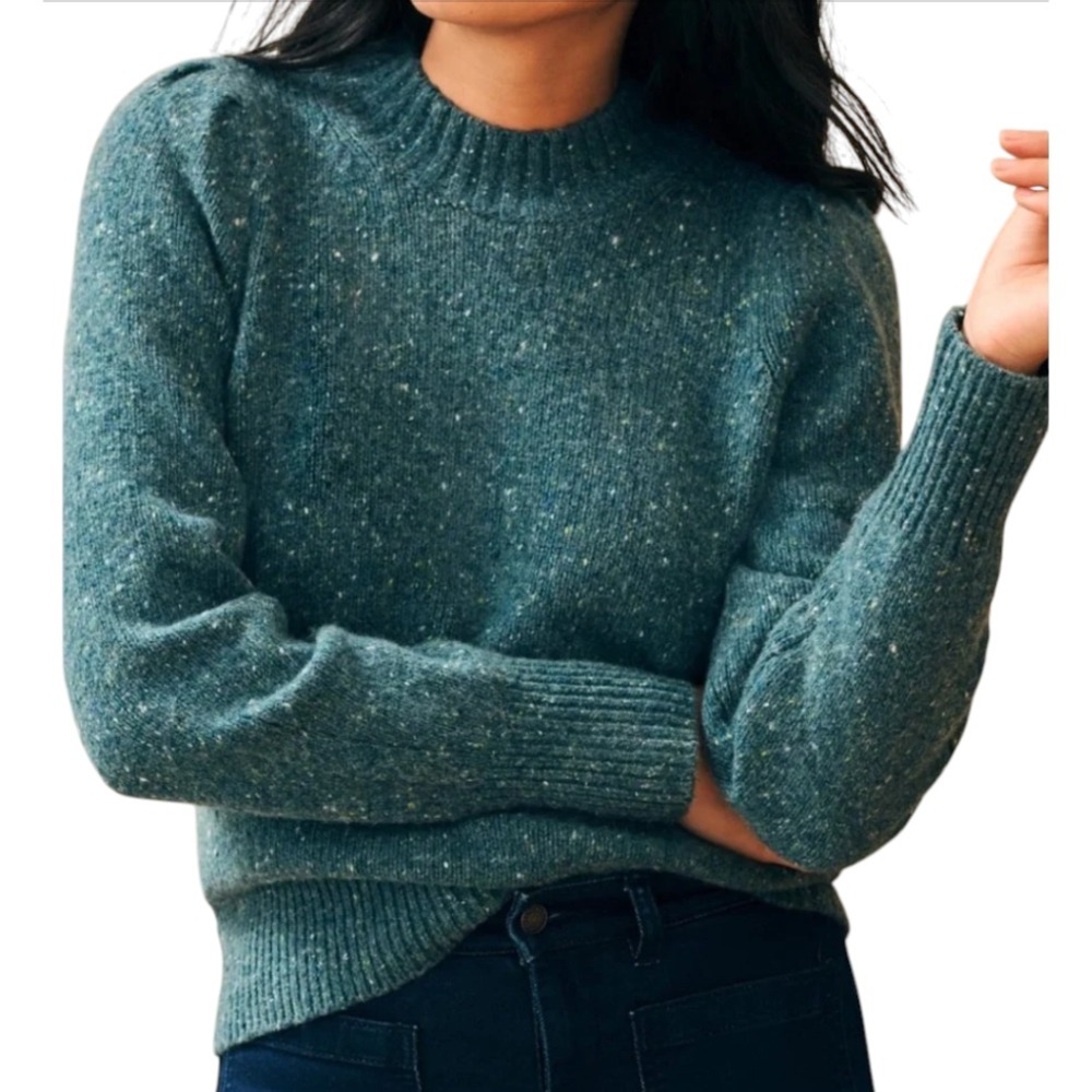 FAHERTY BOONE SWEATER Merino Wool Alpaca Blend MARLED TEAL GREEN Puff Sleeve XS